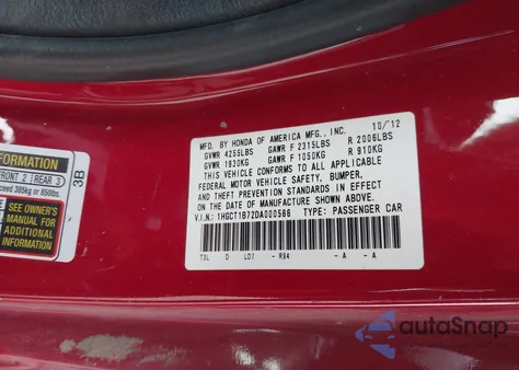 2013 Honda Accord Ex from USA, damaged, VIN 1HGCT1B72DA000586